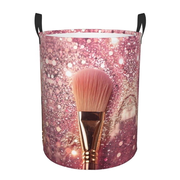 Large Laundry Basket with Handles - Makeup Brush on Pink Glitter Kids Baby Dirty Clothes Laundry Hamper for Bedroom Aesthetic