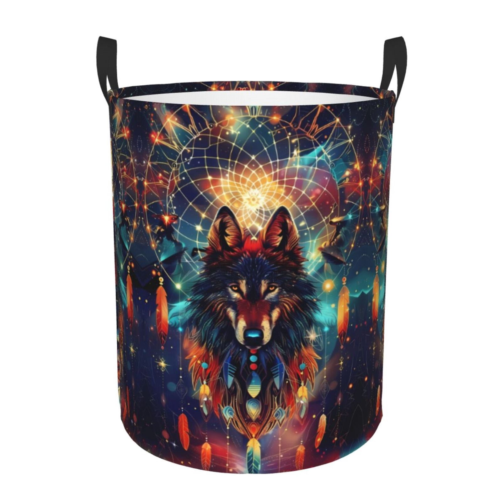 Large Laundry Basket with Handles - Mystic Wolf Dreamcatcher Kids Baby Dirty Clothes Laundry Hamper for Bedroom Aesthetic