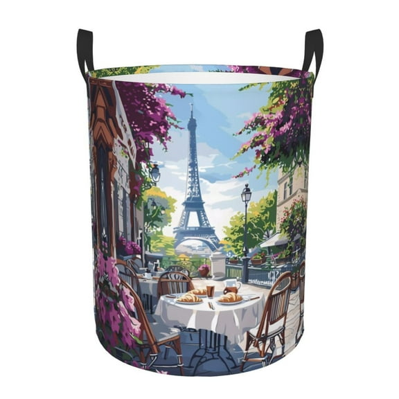 Large Laundry Basket with Handles - Parisian Cafe With Eiffel Kids Baby Dirty Clothes Laundry Hamper for Bedroom Aesthetic
