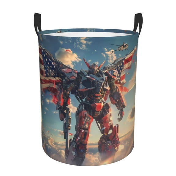 Large Laundry Basket with Handles - Patriotic Robot Warrior Kids Baby Dirty Clothes Laundry Hamper for Bedroom Aesthetic