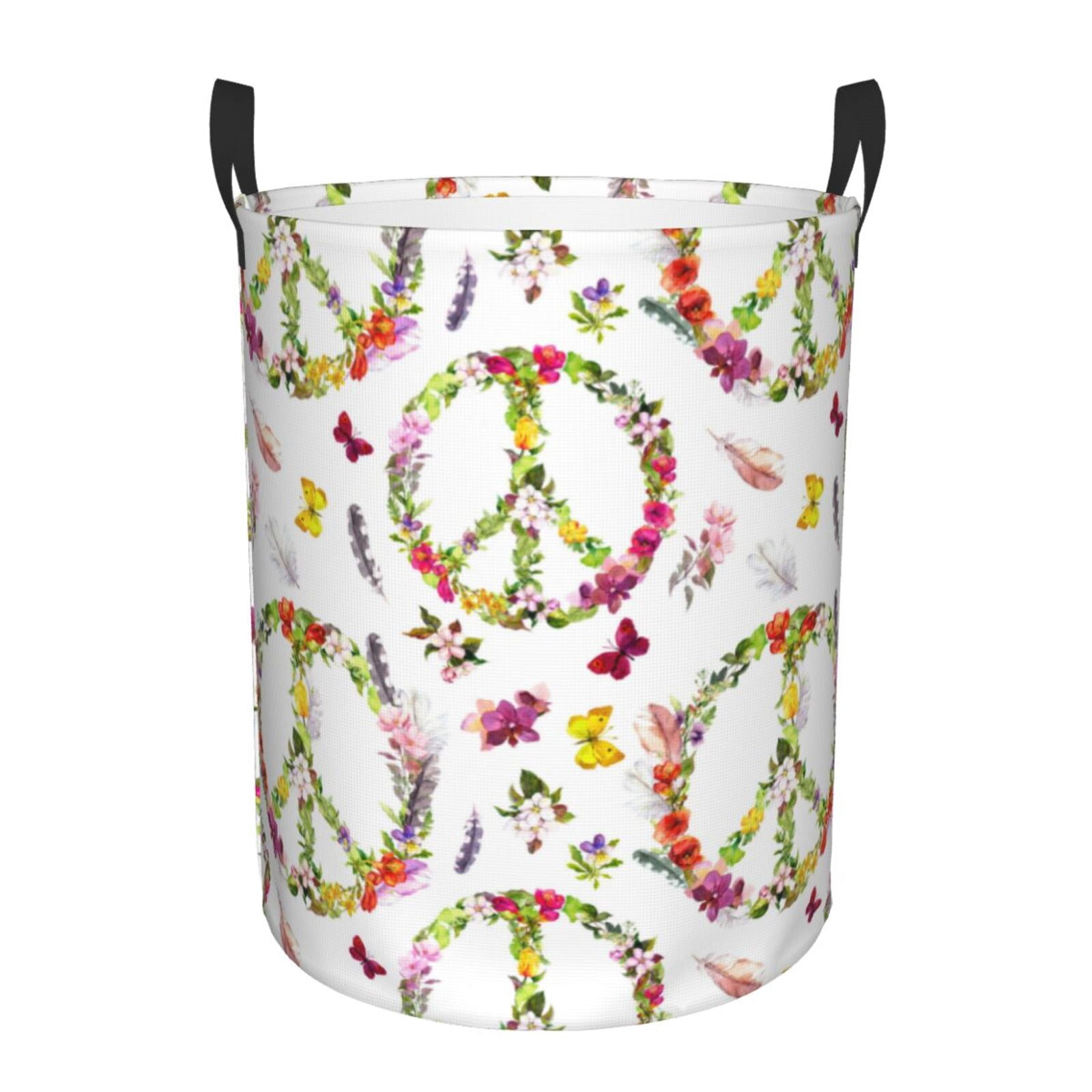 Large Laundry Basket with Handles - Peace sign flower butterfly feather boho Kids Baby Dirty Clothes Laundry Hamper for Bedroom Aesthetic