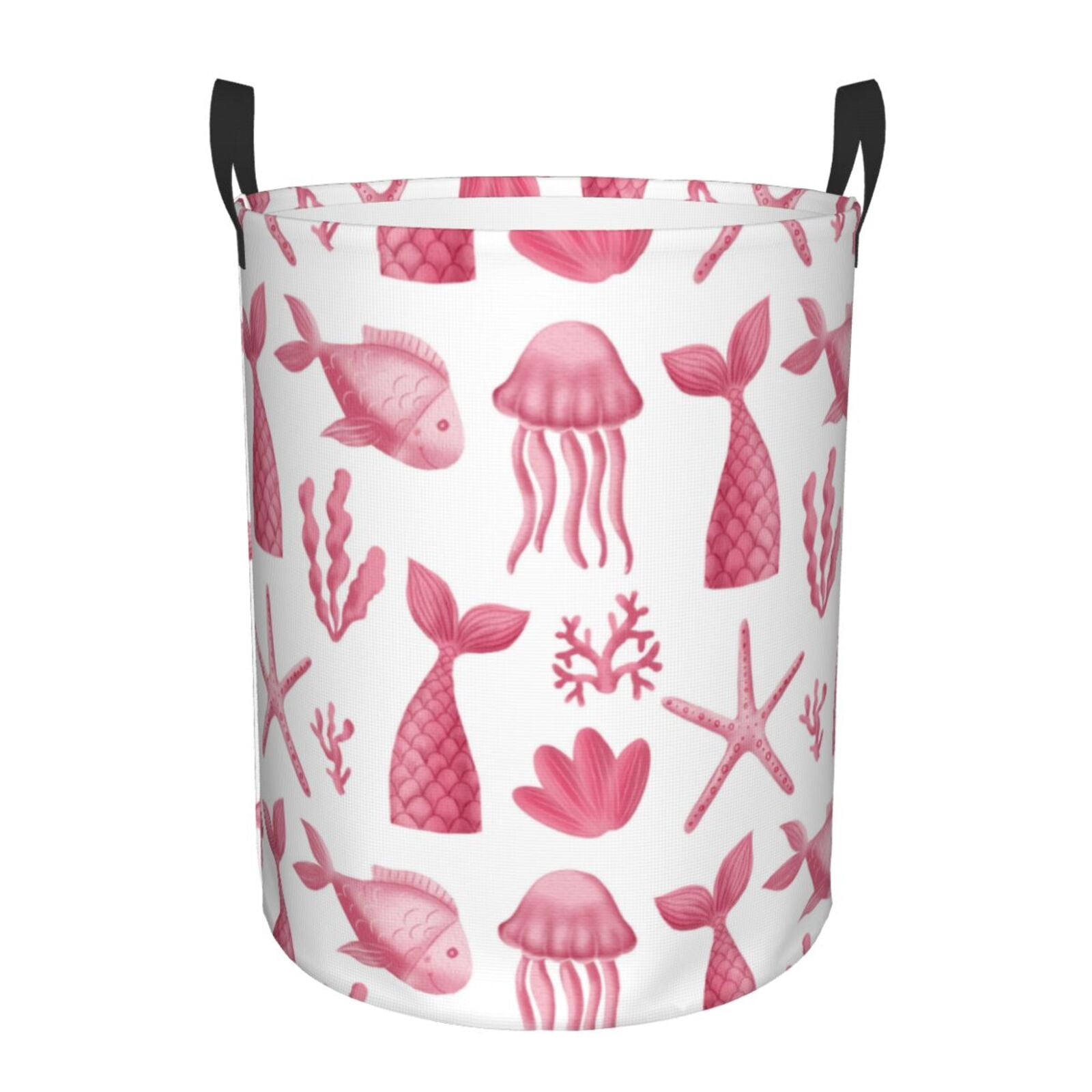 Large Laundry Basket with Handles - Pink Fish Jellyfish Kids Baby Dirty Clothes Laundry Hamper for Bedroom Aesthetic