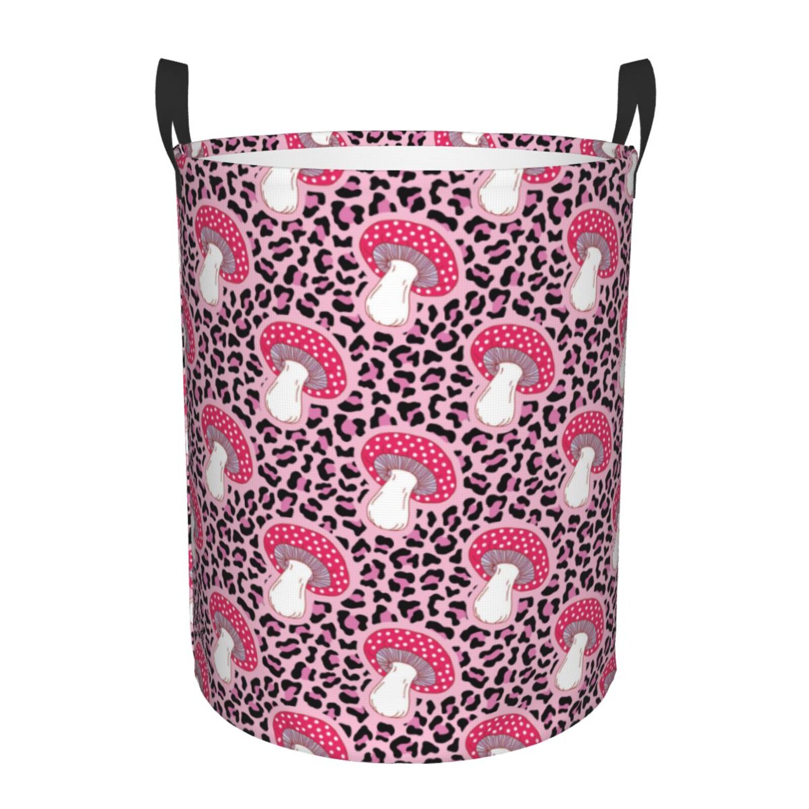 Large Laundry Basket with Handles - Pink Leopard Print Mushroom Kids Baby Dirty Clothes Laundry Hamper for Bedroom Aesthetic