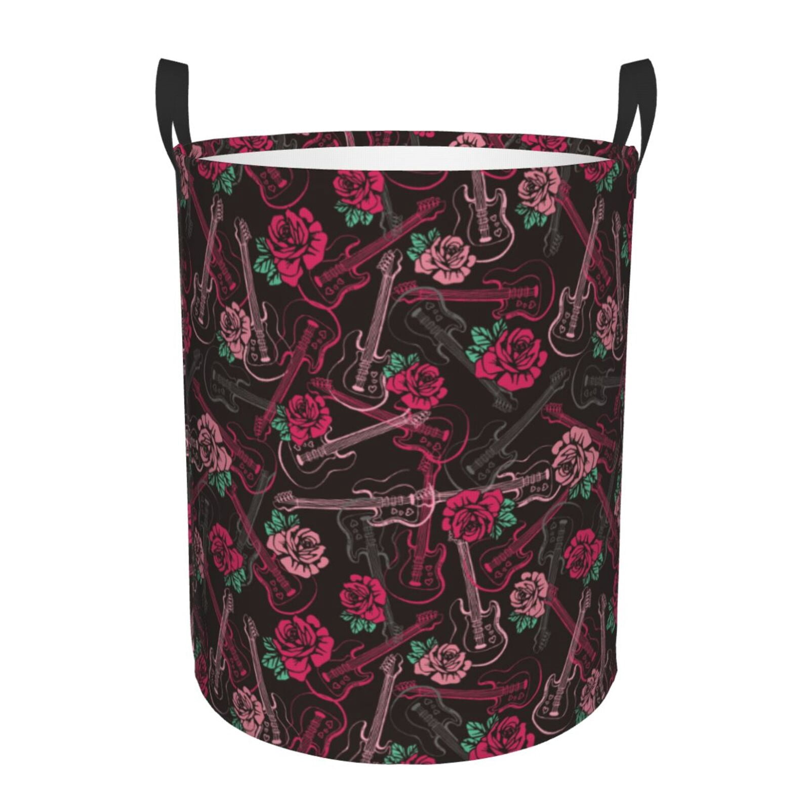 Large Laundry Basket with Handles - Pink Red Carnations Flowers Guitar Kids Baby Dirty Clothes Laundry Hamper for Bedroom Aesthetic