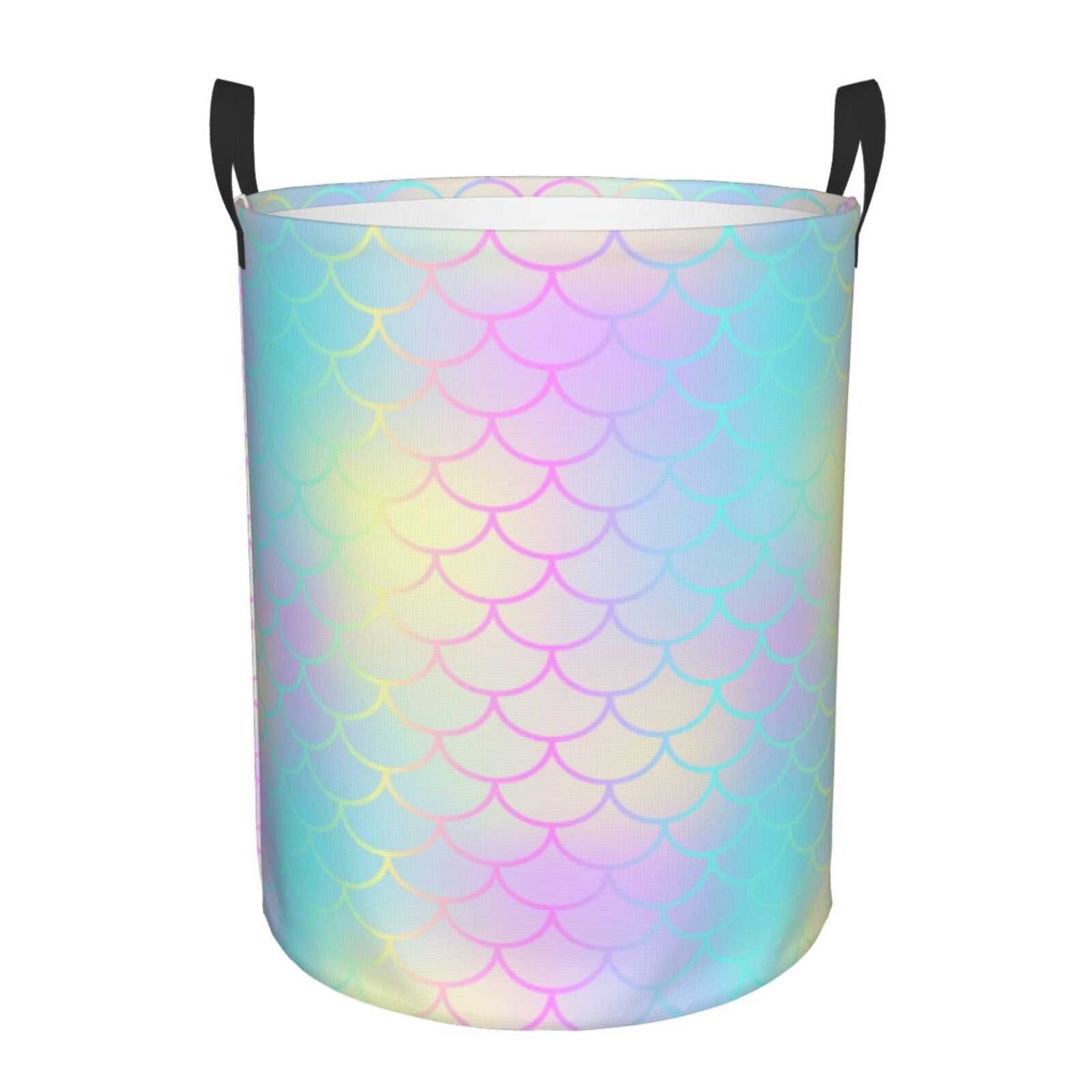 Large Laundry Basket with Handles - Pink Romantic fish scale Kids Baby Dirty Clothes Laundry Hamper for Bedroom Aesthetic