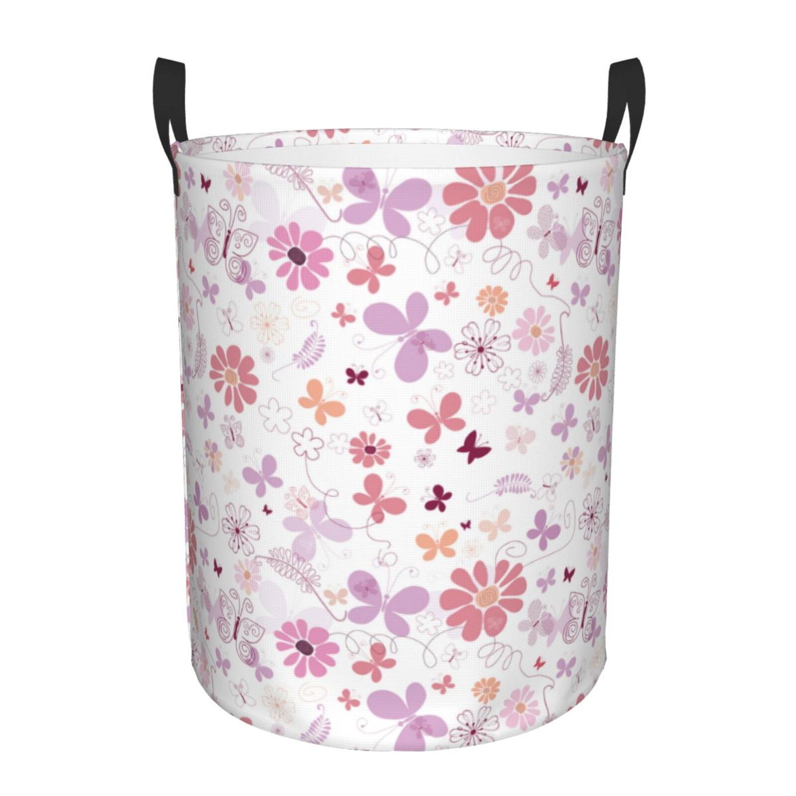Large Laundry Basket with Handles - Pink purple floral Kids Baby Dirty Clothes Laundry Hamper for Bedroom Aesthetic