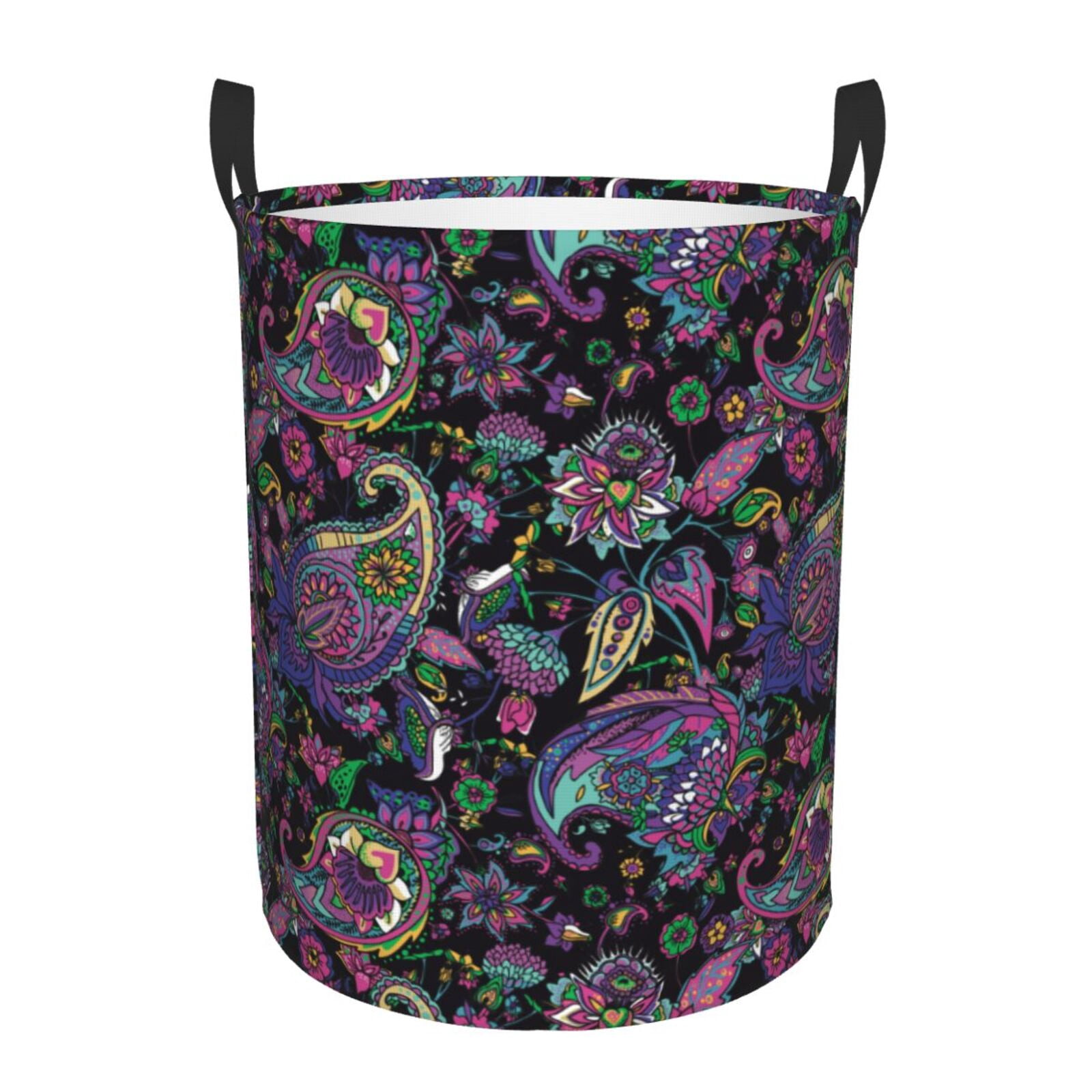 Large Laundry Basket with Handles - Purple Green Flower Paisley Kids Baby Dirty Clothes Laundry Hamper for Bedroom Aesthetic