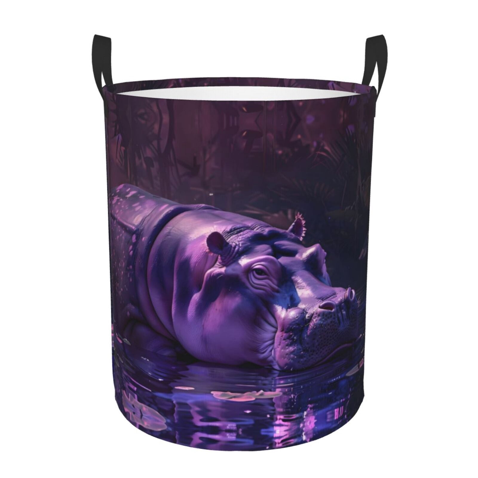 Large Laundry Basket with Handles - Purple Hippo In Water Kids Baby Dirty Clothes Laundry Hamper for Bedroom Aesthetic