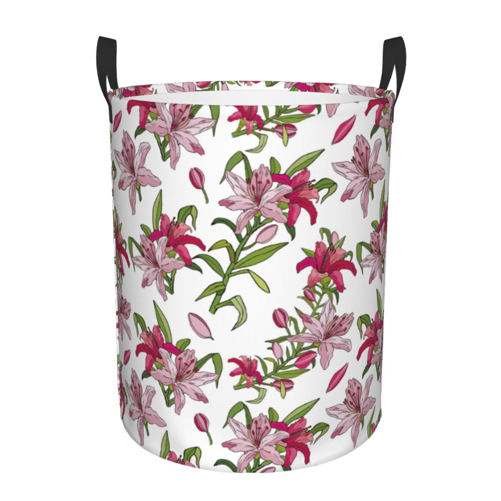 Large Laundry Basket with Handles - Red Pink Lilies Flowers Kids Baby Dirty Clothes Laundry Hamper for Bedroom Aesthetic
