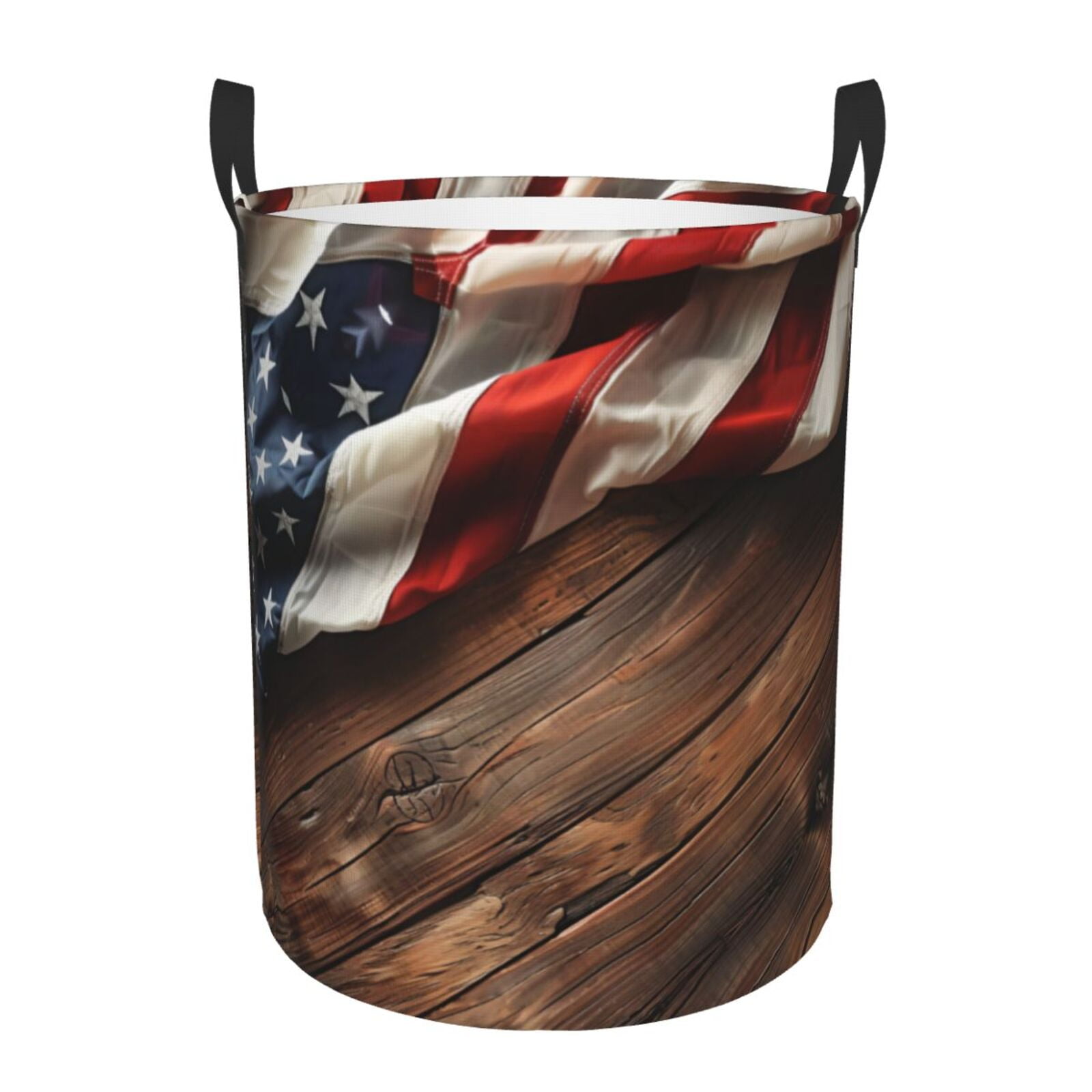 Large Laundry Basket with Handles - Rustic American Flag Wood Kids Baby Dirty Clothes Laundry Hamper for Bedroom Aesthetic