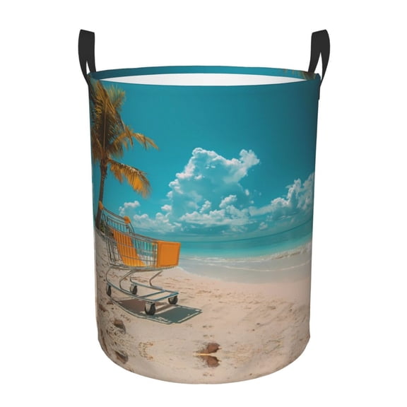 Large Laundry Basket with Handles - Shopping Cart On Tropical Beach Kids Baby Dirty Clothes Laundry Hamper for Bedroom Aesthetic