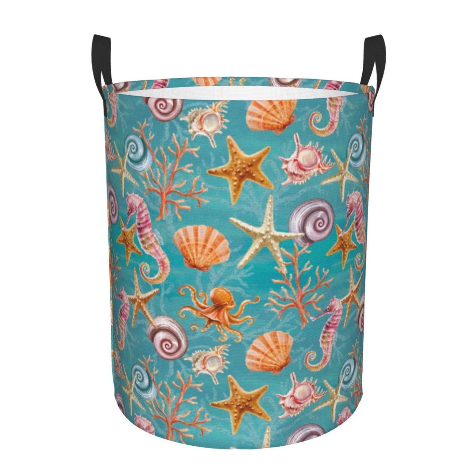 Large Laundry Basket with Handles - Starfish Seahorse Scallops Kids Baby Dirty Clothes Laundry Hamper for Bedroom Aesthetic