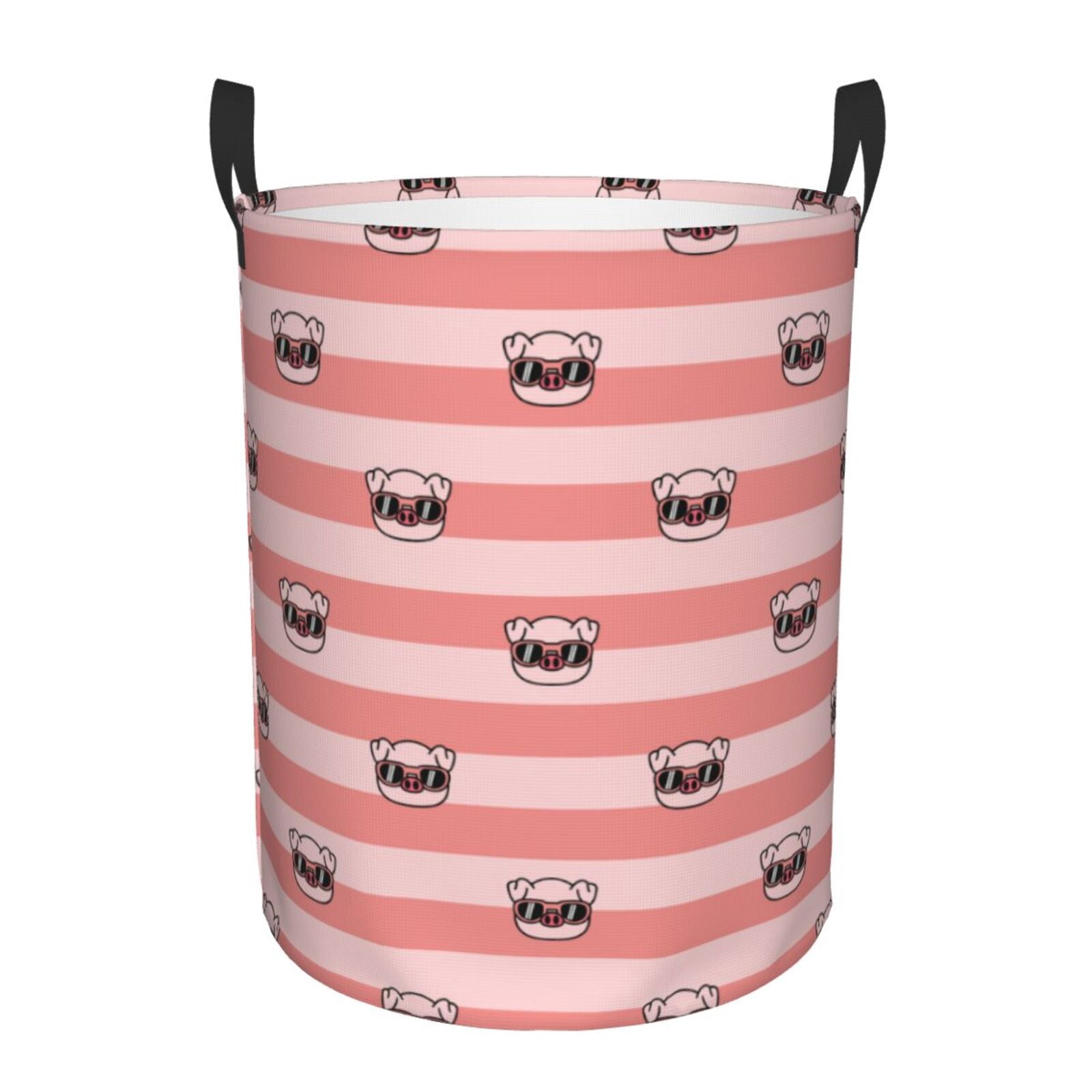 Large Laundry Basket with Handles - Striped Cute Glasses Pig Pink Kids Baby Dirty Clothes Laundry Hamper for Bedroom Aesthetic