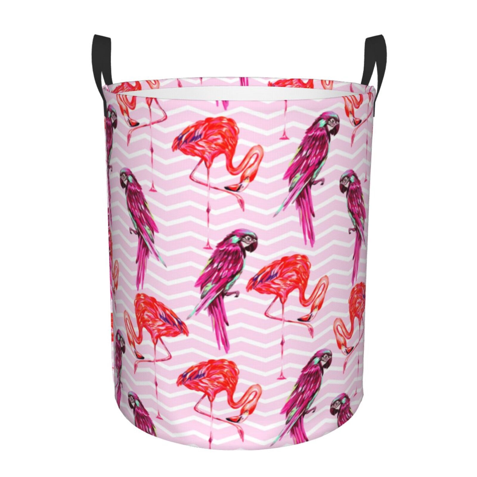 Large Laundry Basket with Handles - Striped Parakeet Flamingo Pink Kids Baby Dirty Clothes Laundry Hamper for Bedroom Aesthetic