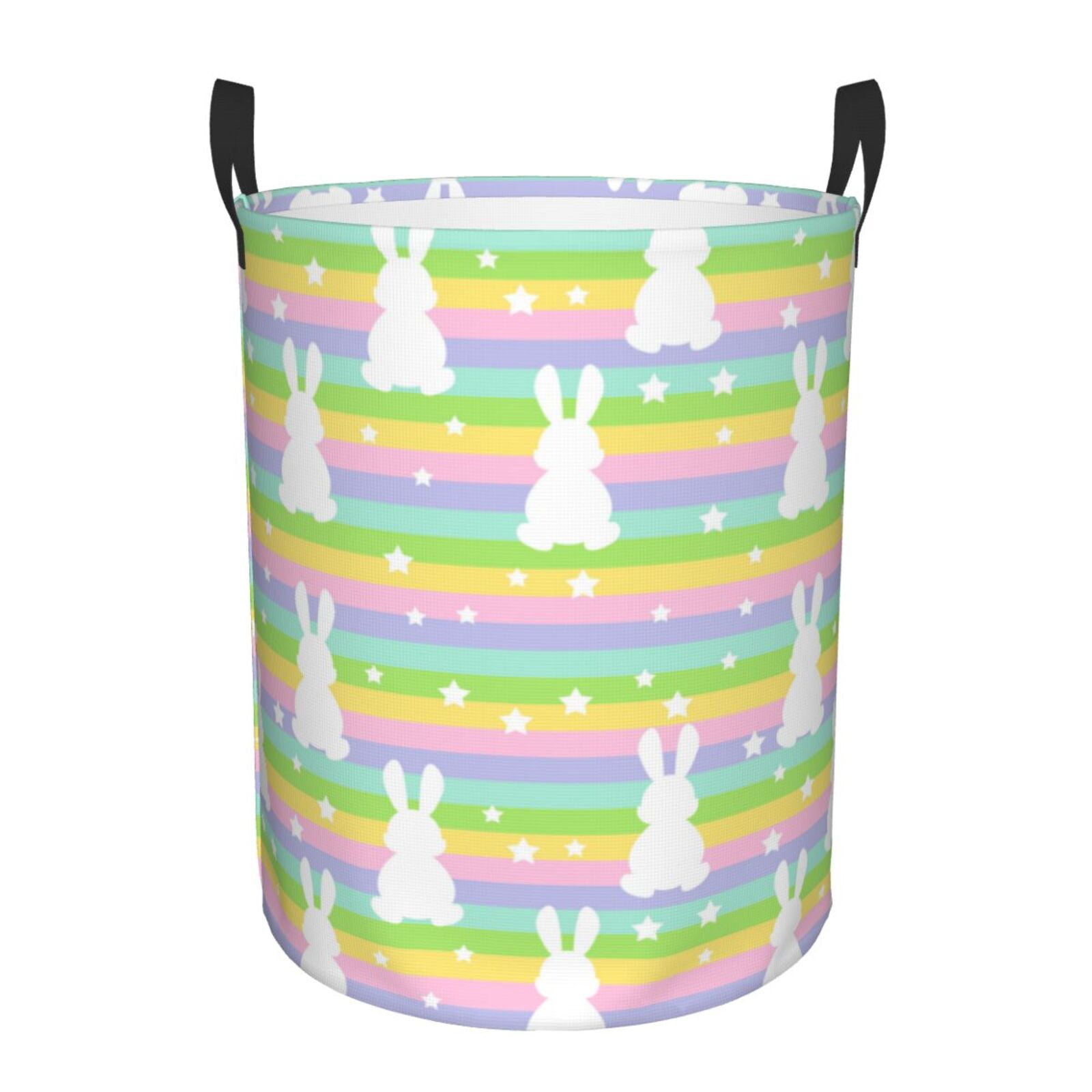 Large Laundry Basket with Handles - Stripes Stars Cute Rabbit White Kids Baby Dirty Clothes Laundry Hamper for Bedroom Aesthetic
