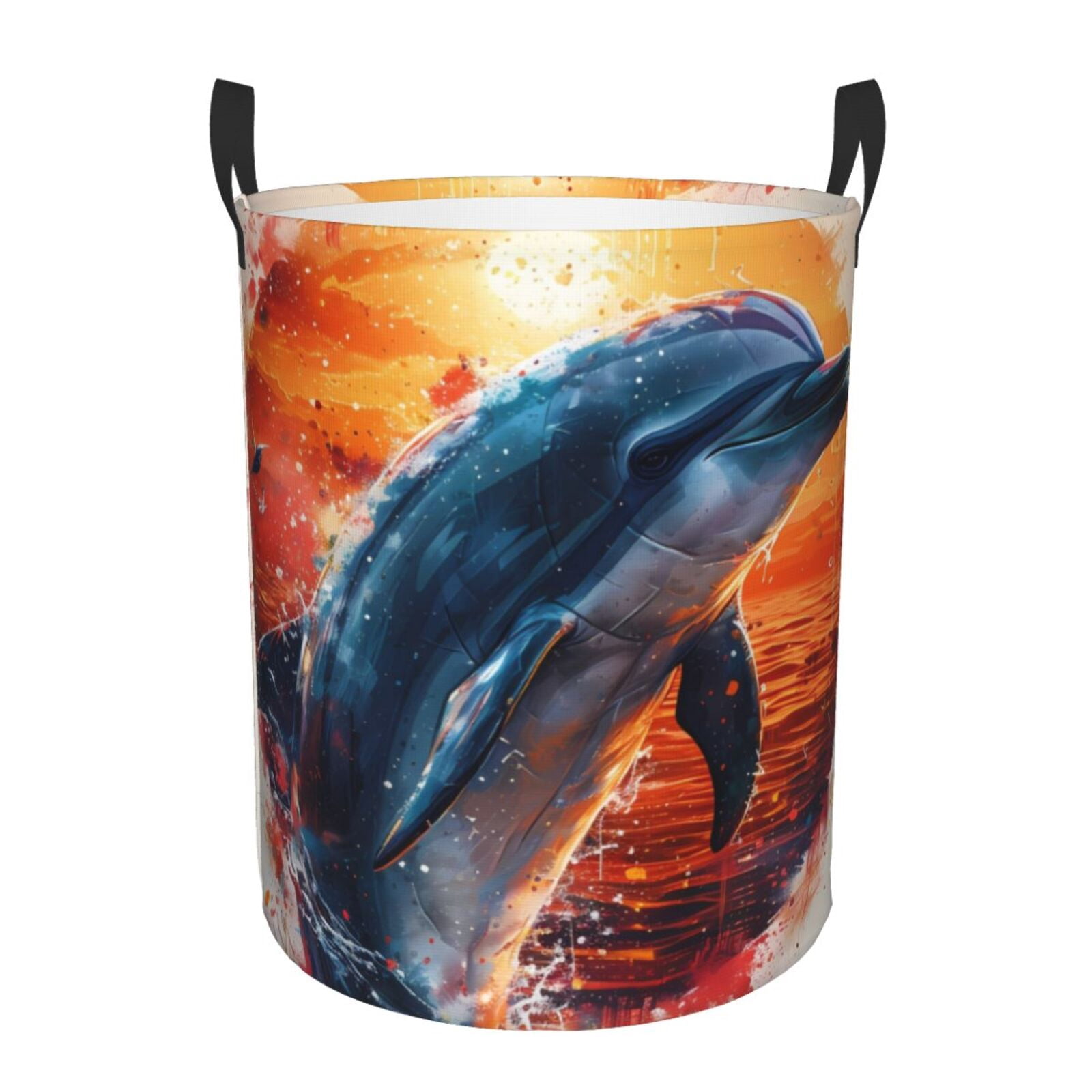 Large Laundry Basket with Handles - Sunset Ocean Watercolor Dolphin Kids Baby Dirty Clothes Laundry Hamper for Bedroom Aesthetic