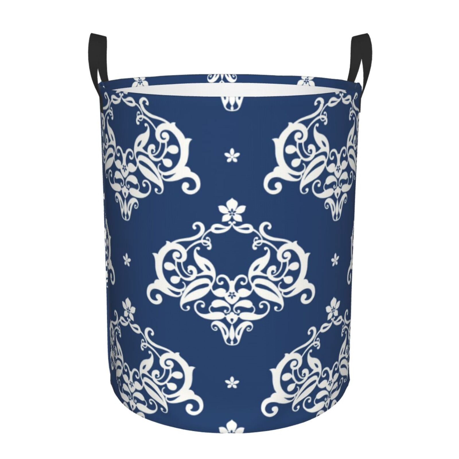 Large Laundry Basket with Handles - Traditional vintage navyblue print Kids Baby Dirty Clothes Laundry Hamper for Bedroom Aesthetic