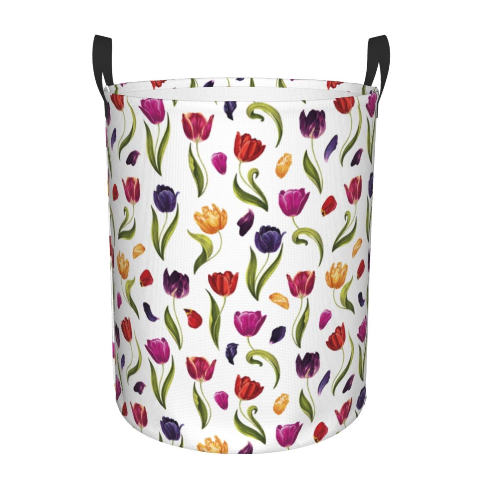 Large Laundry Basket with Handles - Tulips Flowers Purple Petal Kids Baby Dirty Clothes Laundry Hamper for Bedroom Aesthetic