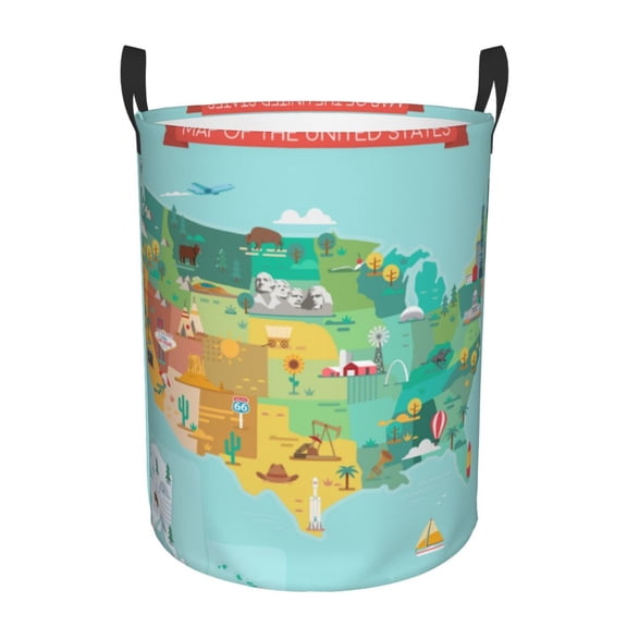 Large Laundry Basket with Handles - USA Tourist Map Famous Landmarks Kids Baby Dirty Clothes Laundry Hamper for Bedroom Aesthetic