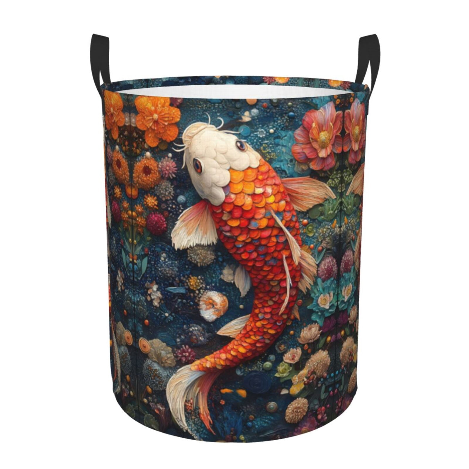 Large Laundry Basket with Handles - Vibrant Koi and Flowers Kids Baby Dirty Clothes Laundry Hamper for Bedroom Aesthetic