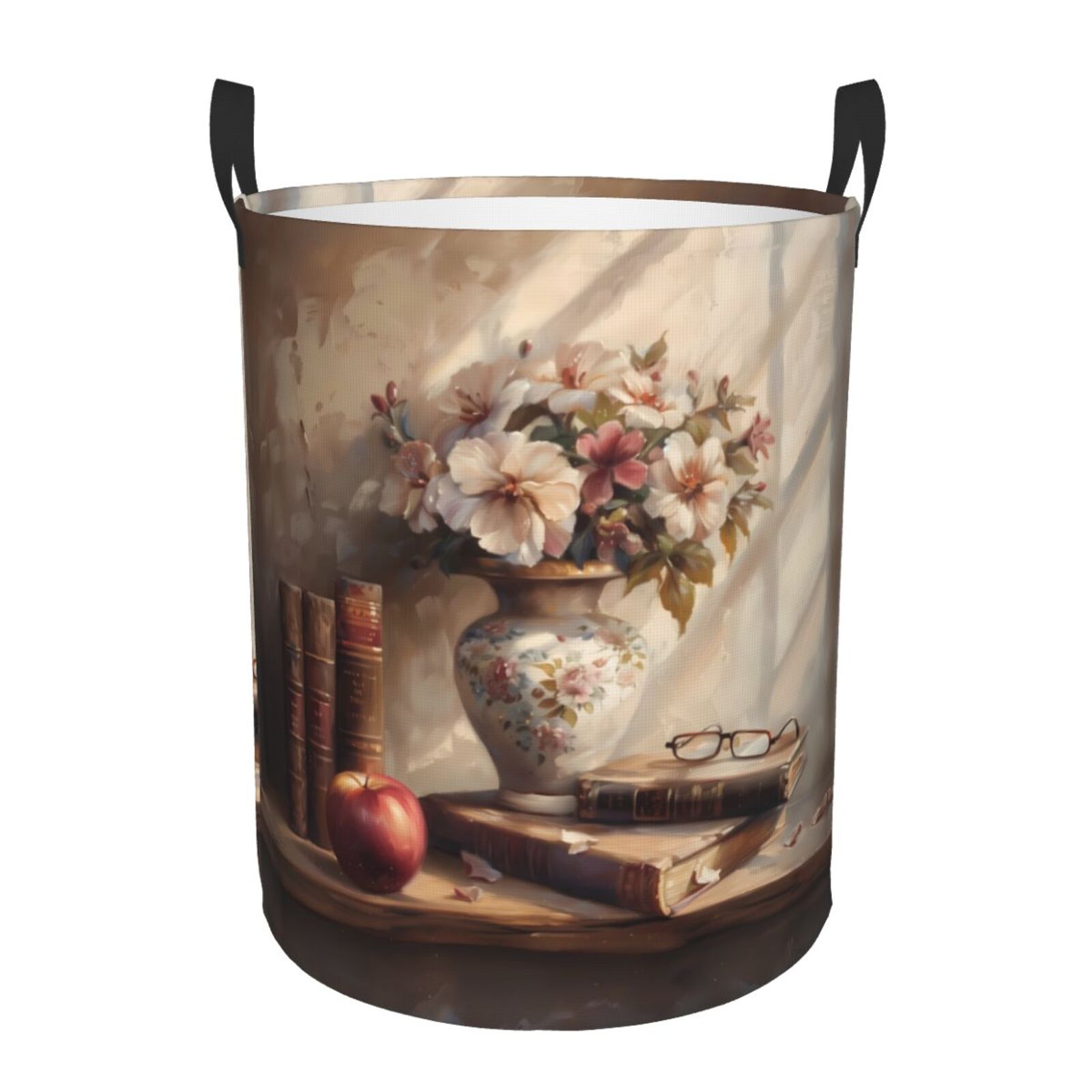 Large Laundry Basket with Handles - Vintage Floral Vase With Books Kids Baby Dirty Clothes Laundry Hamper for Bedroom Aesthetic