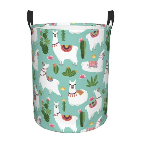 Large Laundry Basket with Handles - White Cute Alpaca Green Cactus Kids Baby Dirty Clothes Laundry Hamper for Bedroom Aesthetic