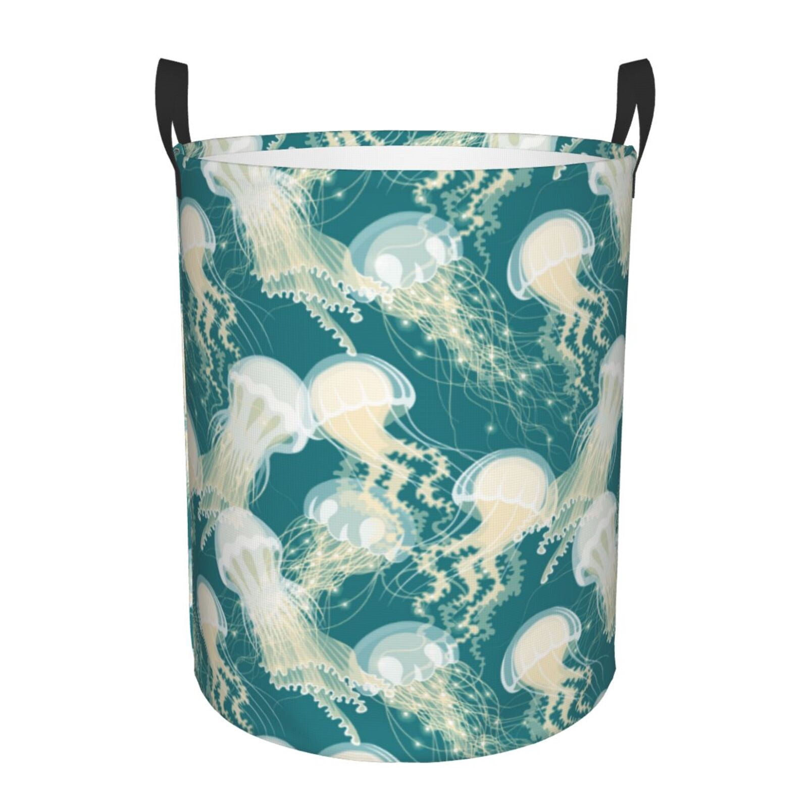 Large Laundry Basket with Handles - White Jellyfish Print Green Kids Baby Dirty Clothes Laundry Hamper for Bedroom Aesthetic