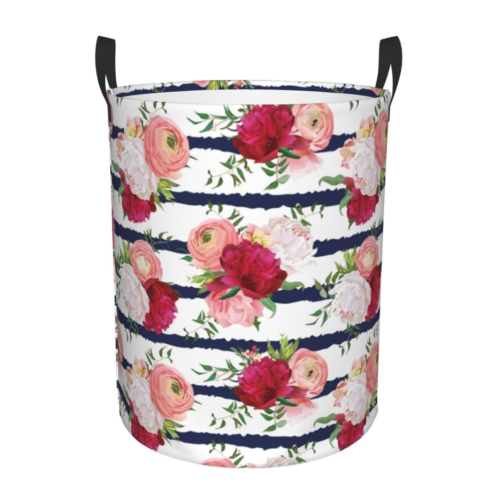 Large Laundry Basket with Handles - White Pink Red Carnations Flowers Kids Baby Dirty Clothes Laundry Hamper for Bedroom Aesthetic