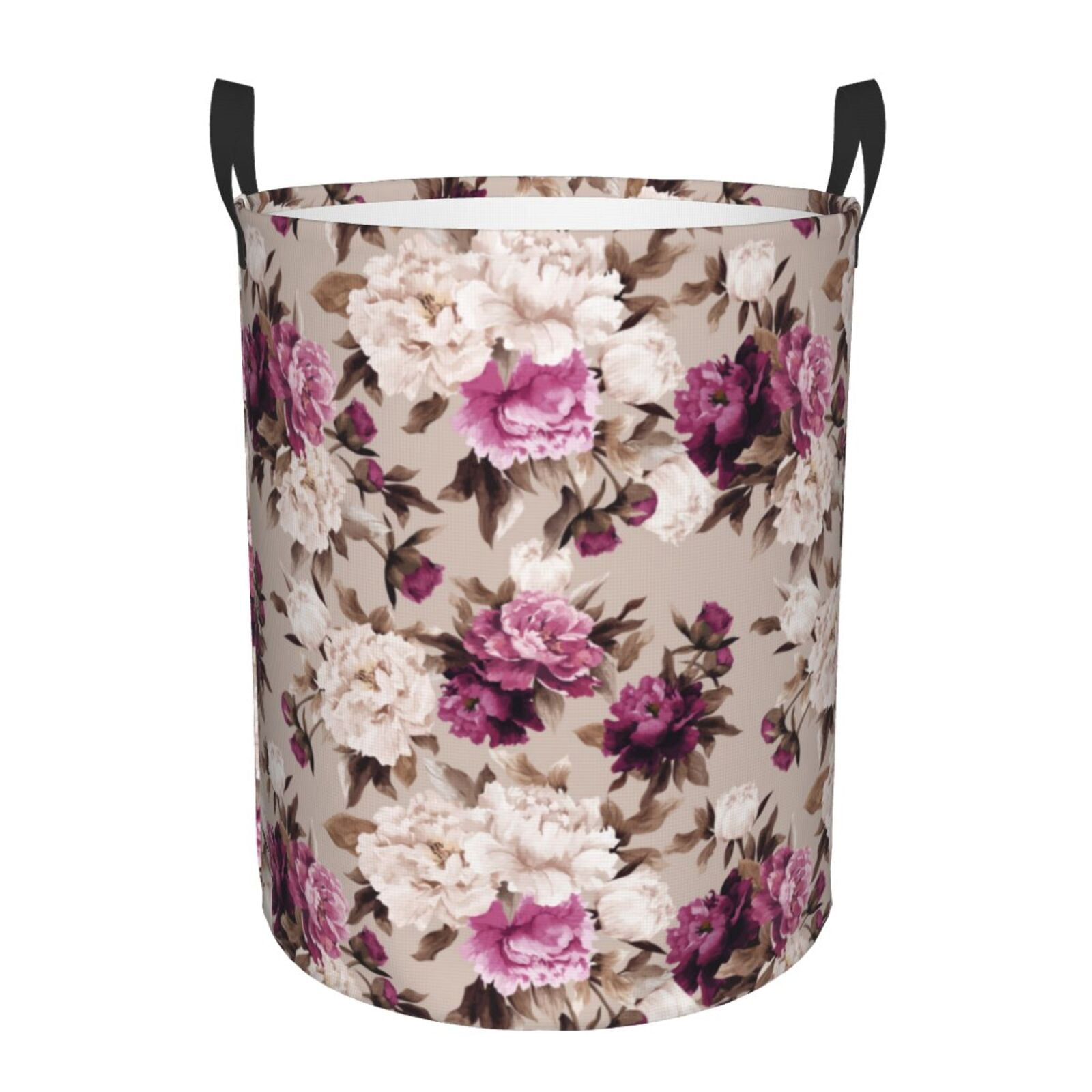Large Laundry Basket with Handles - White Purple Rose Flowers Kids Baby Dirty Clothes Laundry Hamper for Bedroom Aesthetic