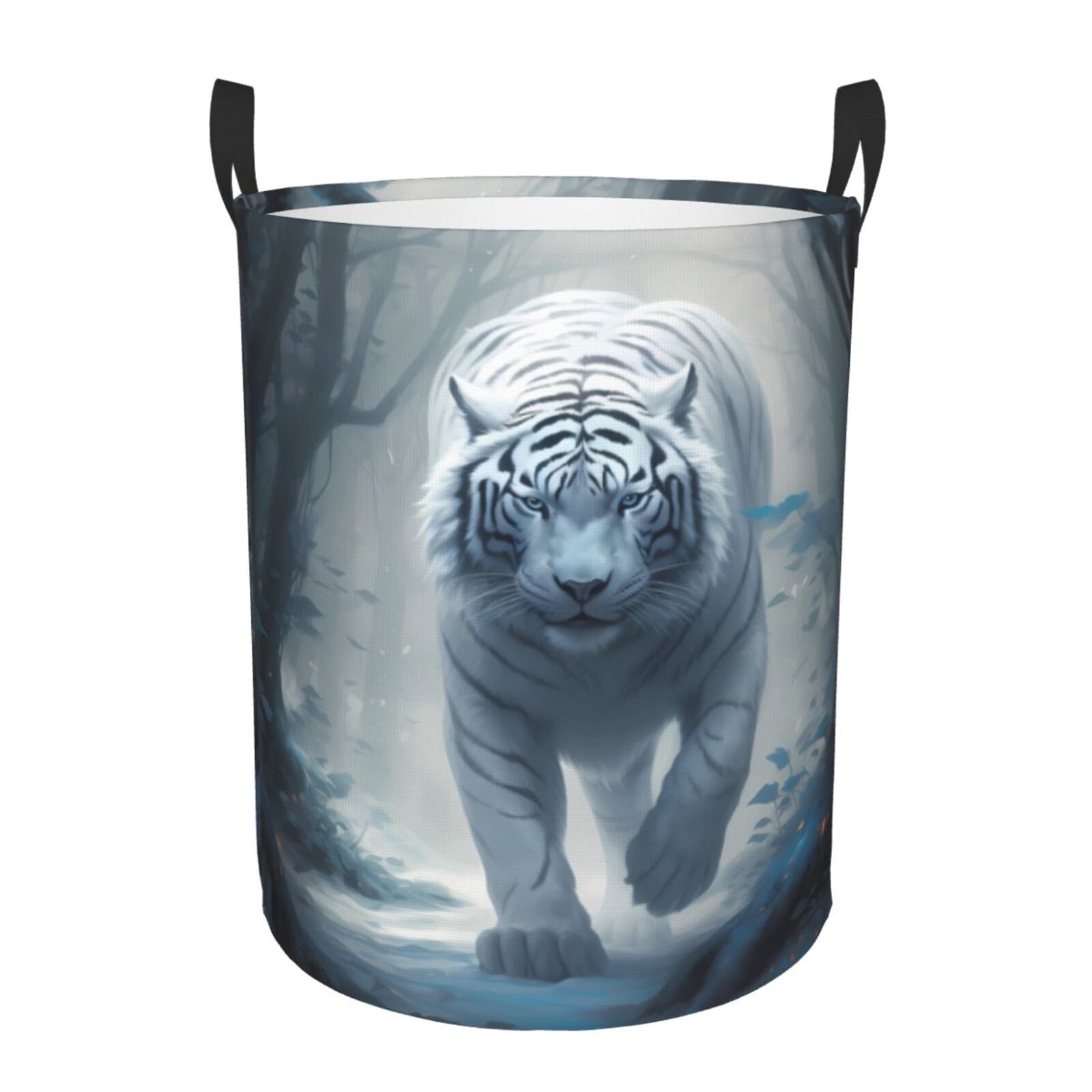 Large Laundry Basket with Handles - White Tiger in Snowy Forest Kids Baby Dirty Clothes Laundry Hamper for Bedroom Aesthetic