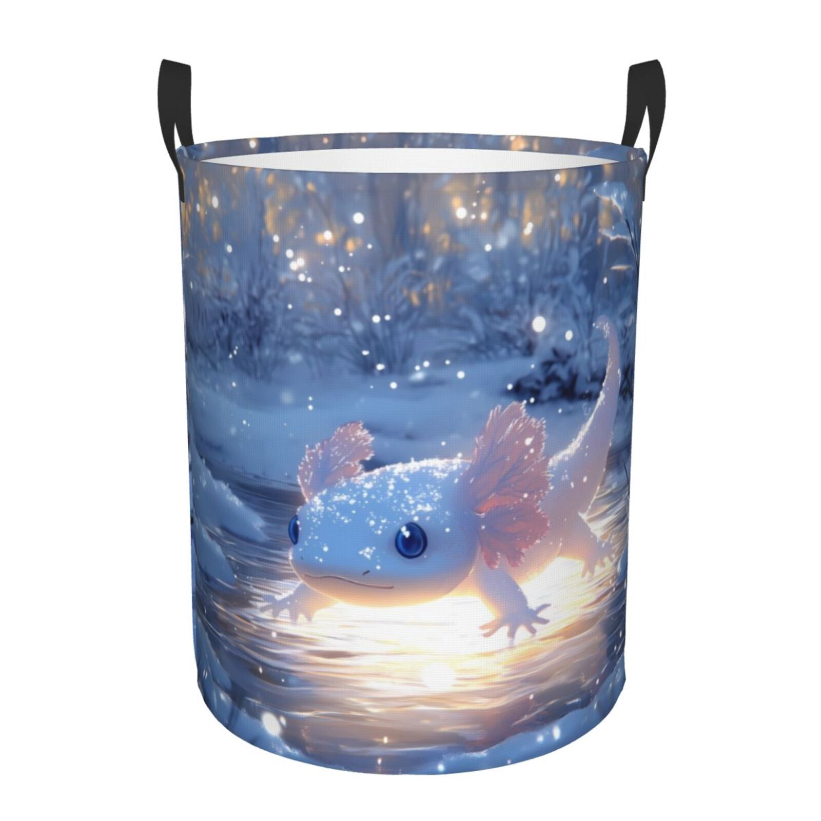 Large Laundry Basket with Handles - Winter Axolotl in Frozen Pond A Kids Baby Dirty Clothes Laundry Hamper for Bedroom Aesthetic