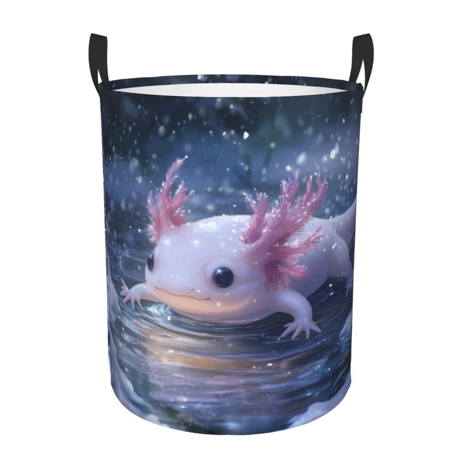 Large Laundry Basket with Handles - Winter Axolotl in Frozen Pond Kids Baby Dirty Clothes Laundry Hamper for Bedroom Aesthetic