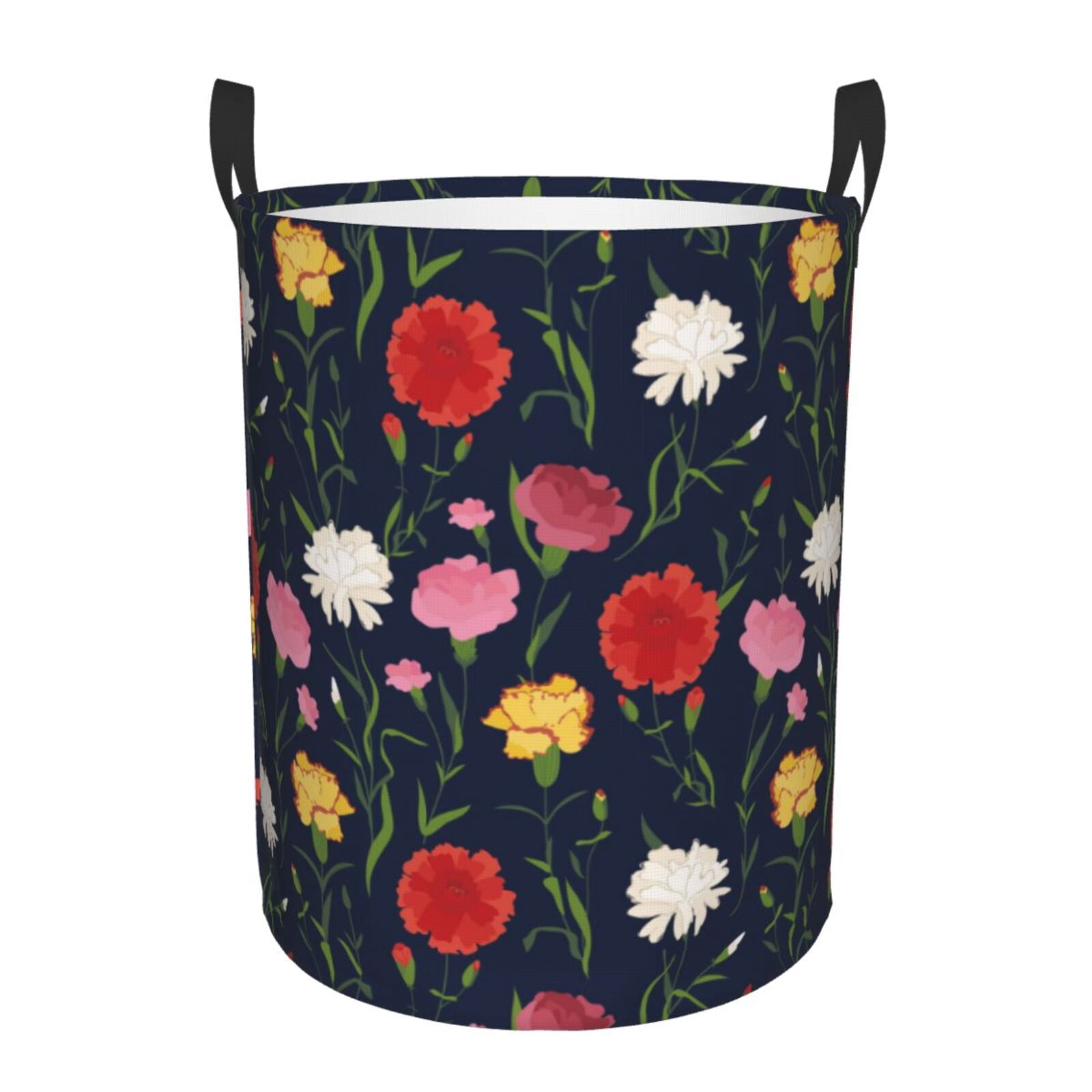 Large Laundry Basket with Handles - Yellow Pink Carnations Flowers Kids Baby Dirty Clothes Laundry Hamper for Bedroom Aesthetic