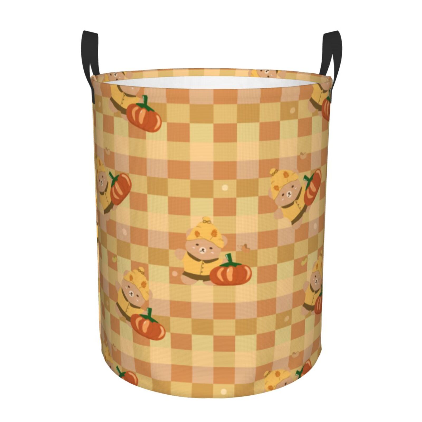 Large Laundry Basket with Handles - bear yellow pumpkin Autumn checkered Kids Baby Dirty Clothes Laundry Hamper for Bedroom Aesthetic
