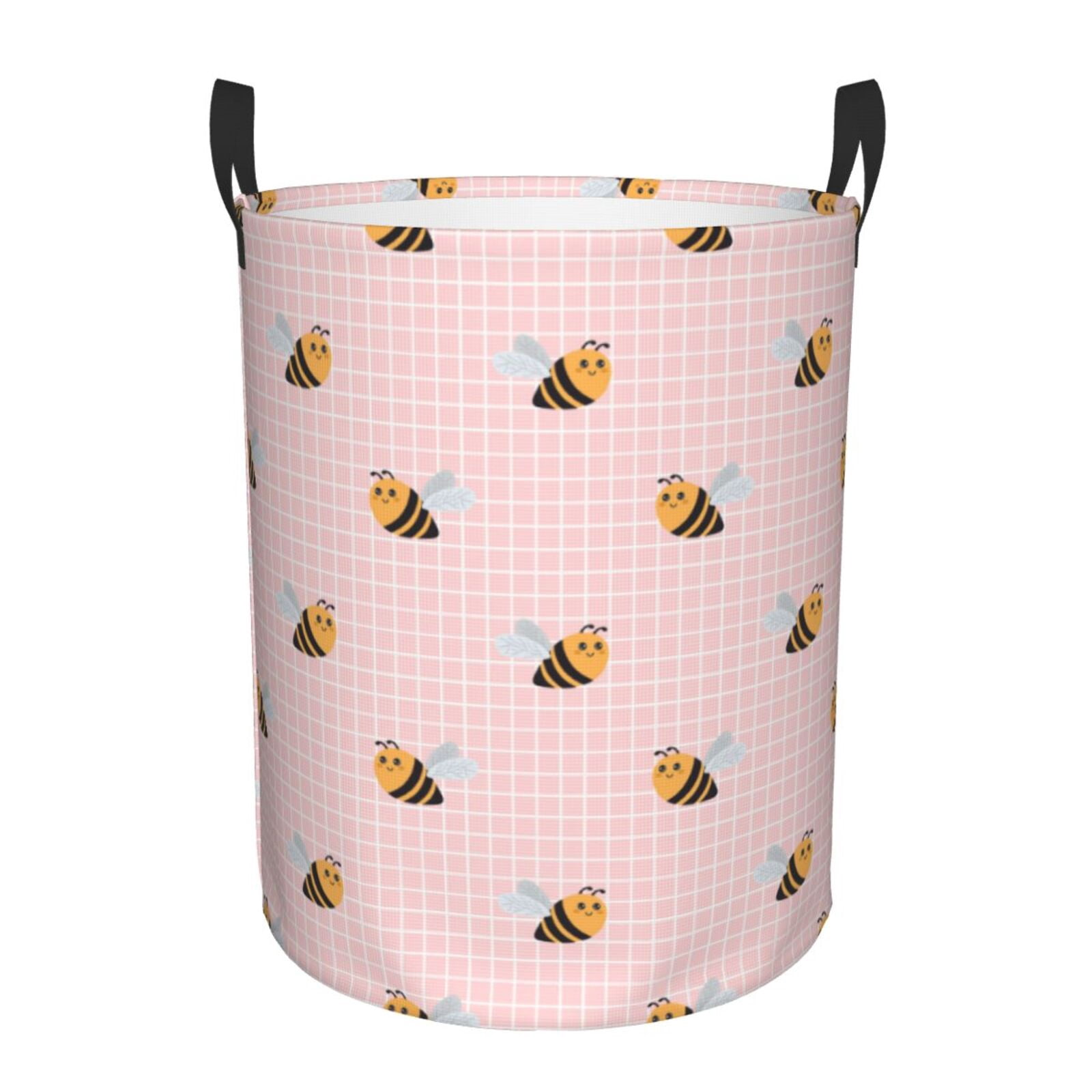 Large Laundry Basket with Handles - bee pink checkered cute Kids Baby Dirty Clothes Laundry Hamper for Bedroom Aesthetic