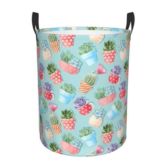 Large Laundry Basket with Handles - blue Cactus potted plant Kids Baby Dirty Clothes Laundry Hamper for Bedroom Aesthetic