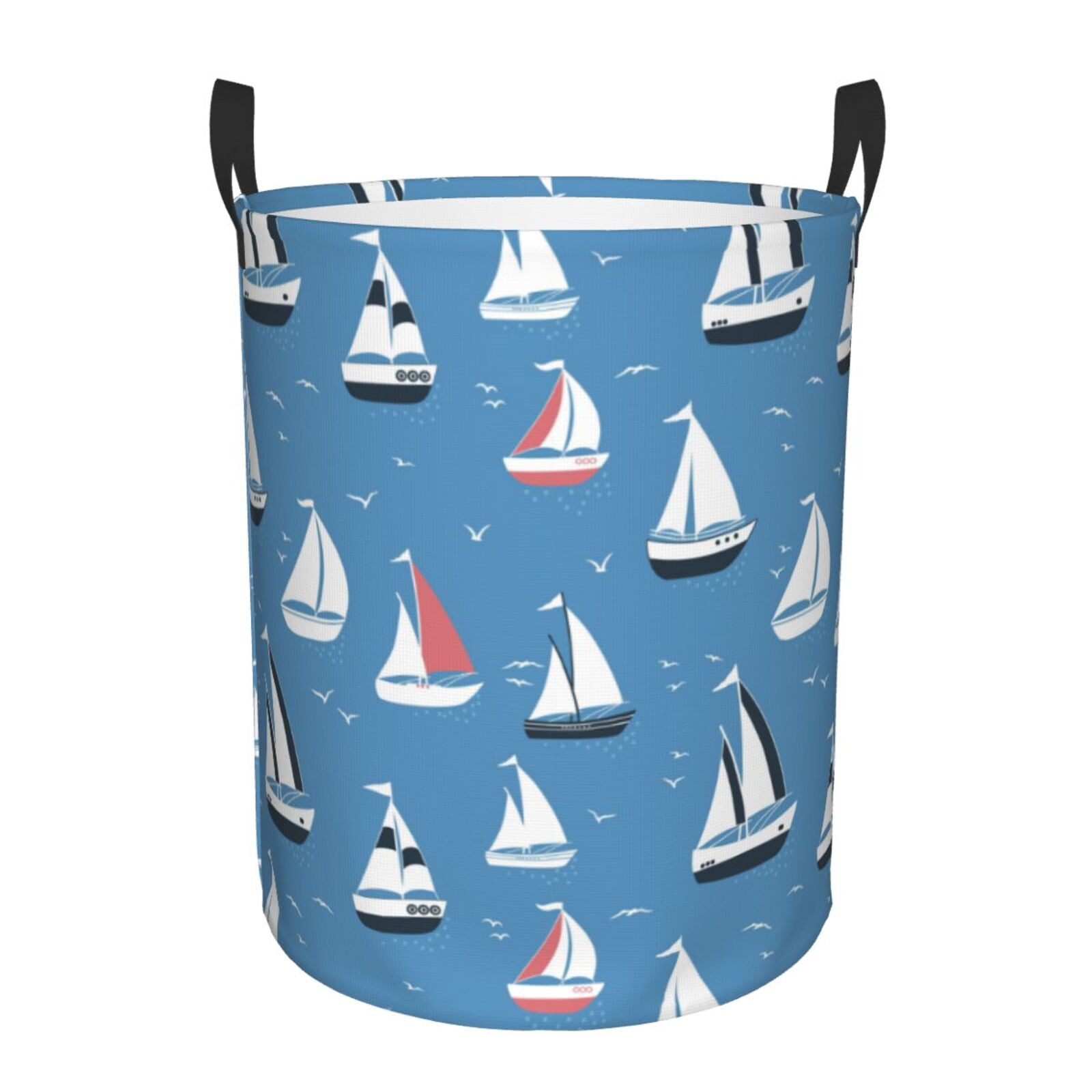 Large Laundry Basket with Handles - cartoon boats birds blue Kids Baby Dirty Clothes Laundry Hamper for Bedroom Aesthetic