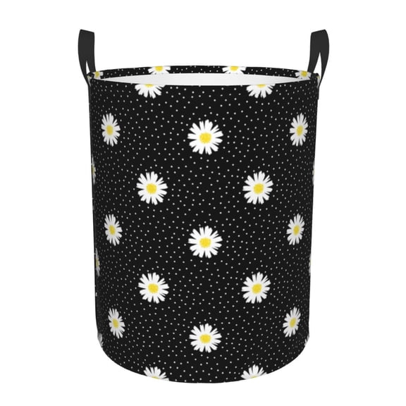 Large Laundry Basket with Handles - daisy polka dot dotted black Kids Baby Dirty Clothes Laundry Hamper for Bedroom Aesthetic
