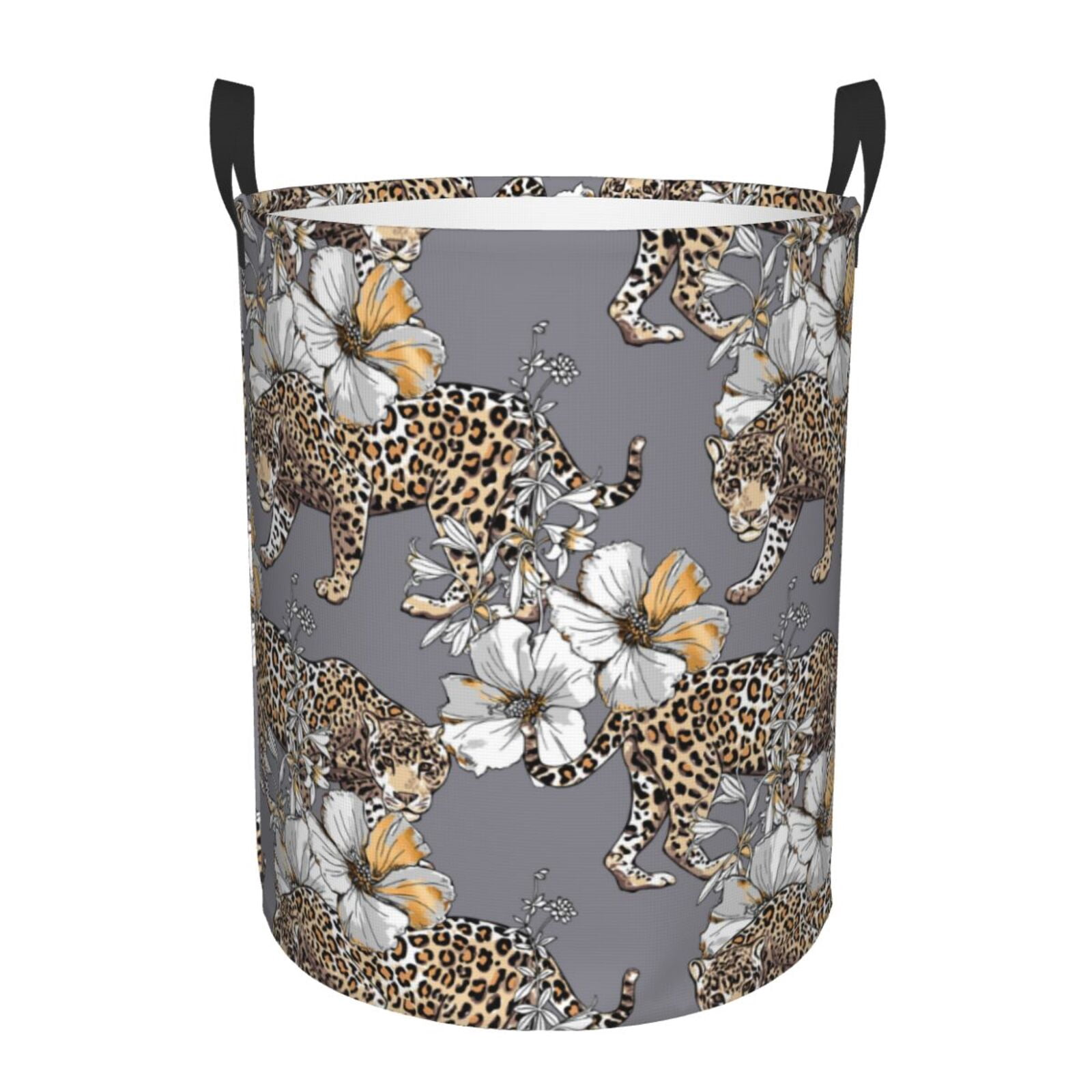 Large Laundry Basket with Handles - leopard Gold Hibiscus floral grey Kids Baby Dirty Clothes Laundry Hamper for Bedroom Aesthetic