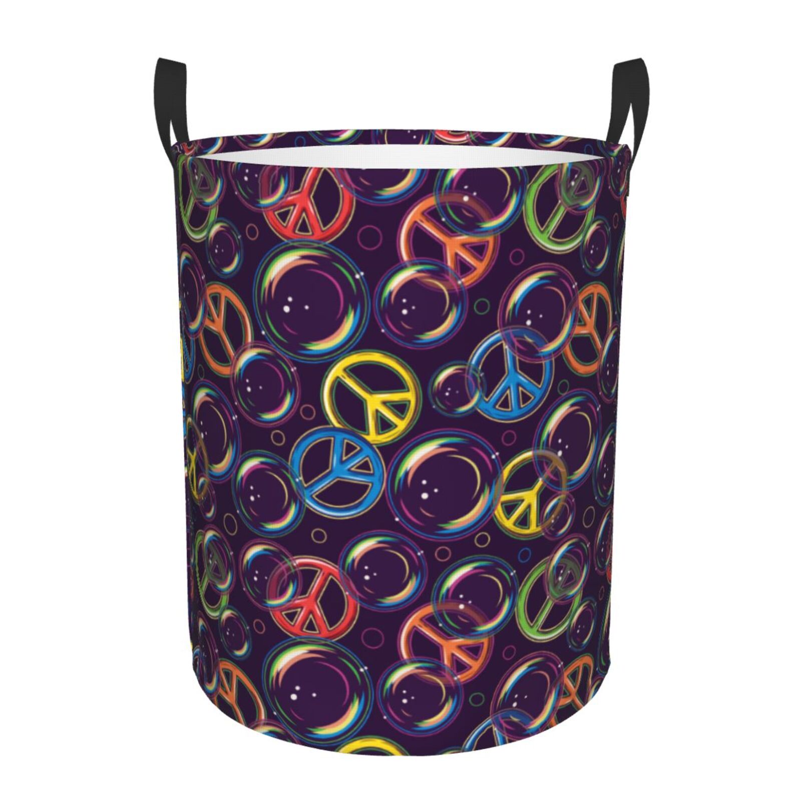 Large Laundry Basket with Handles - peace sign bubbles dark purple Kids Baby Dirty Clothes Laundry Hamper for Bedroom Aesthetic