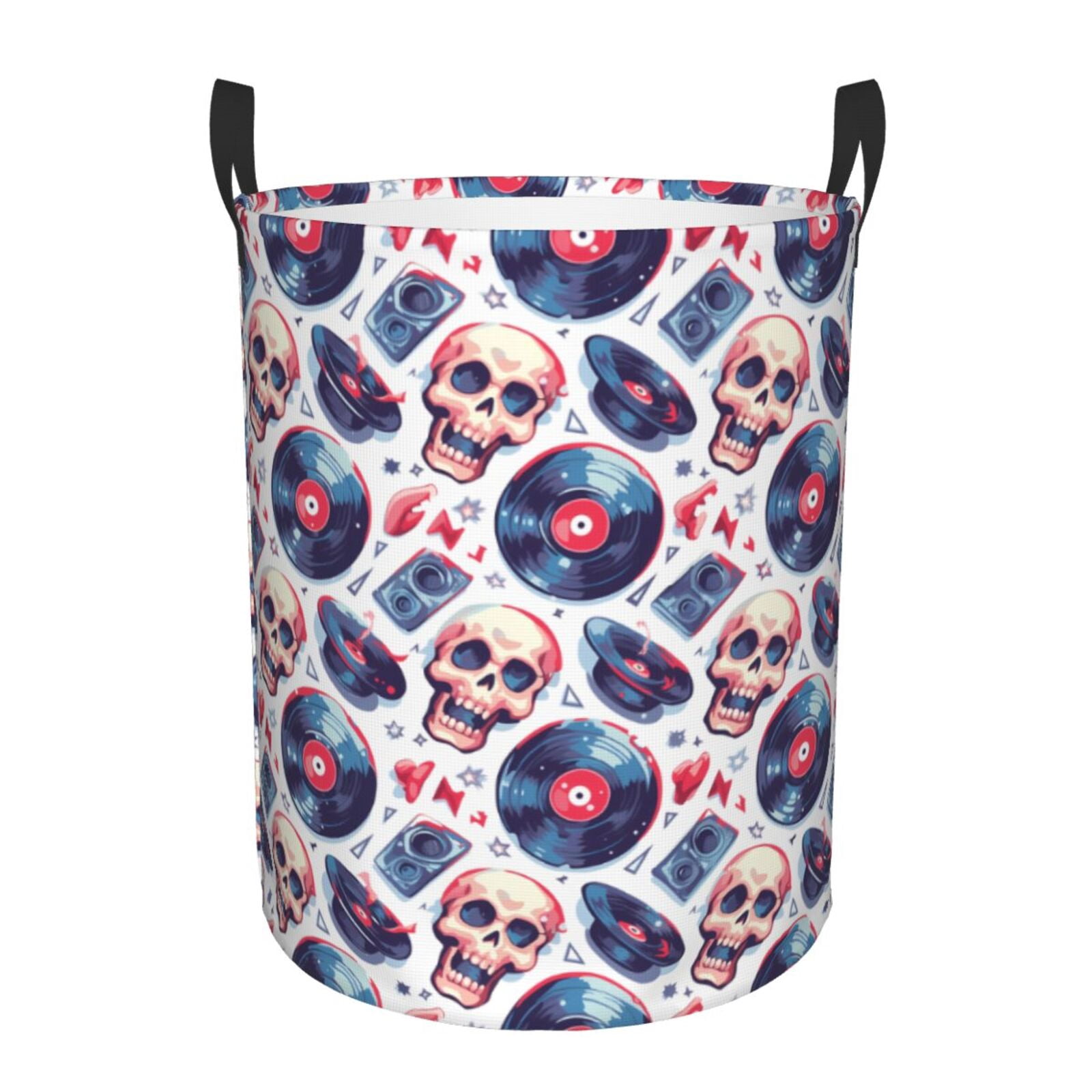 Large Laundry Basket with Handles - record rock music Skull Kids Baby Dirty Clothes Laundry Hamper for Bedroom Aesthetic