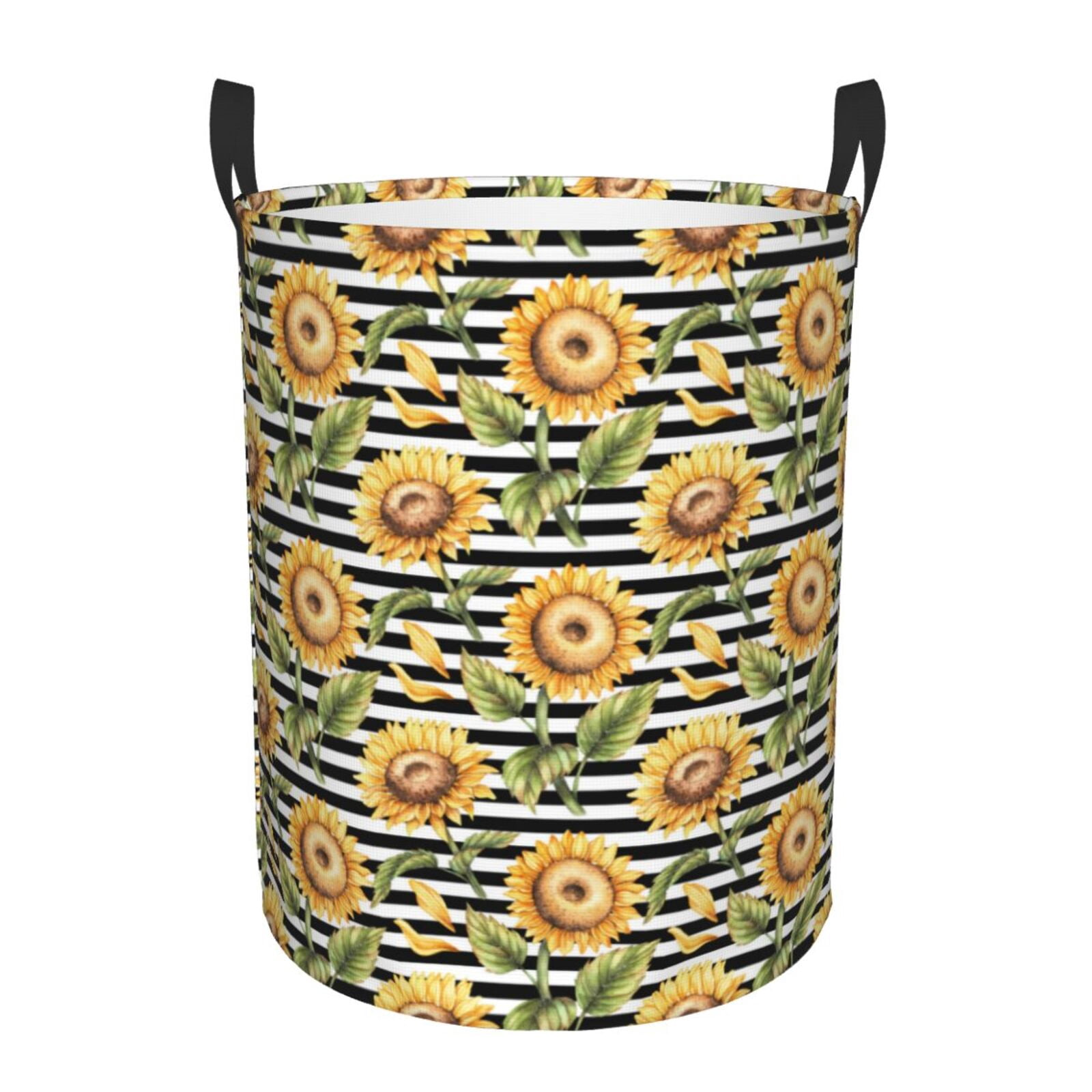Large Laundry Basket with Handles - sunflowers striped black white Retro Kids Baby Dirty Clothes Laundry Hamper for Bedroom Aesthetic