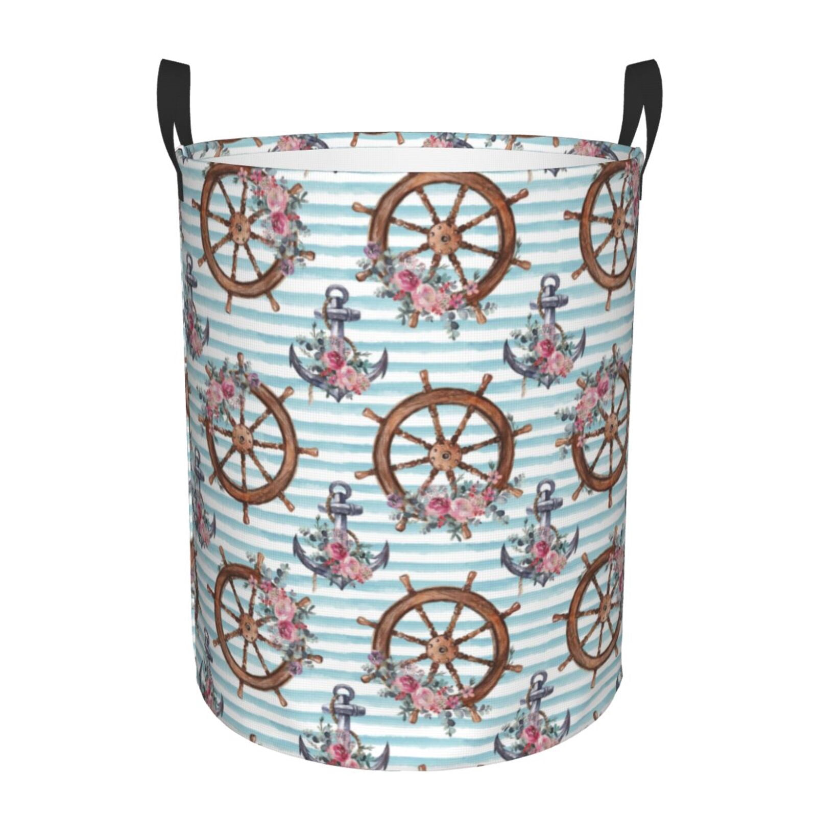 Large Laundry Basket with Handles - vintage anchor steering wheel flower Kids Baby Dirty Clothes Laundry Hamper for Bedroom Aesthetic
