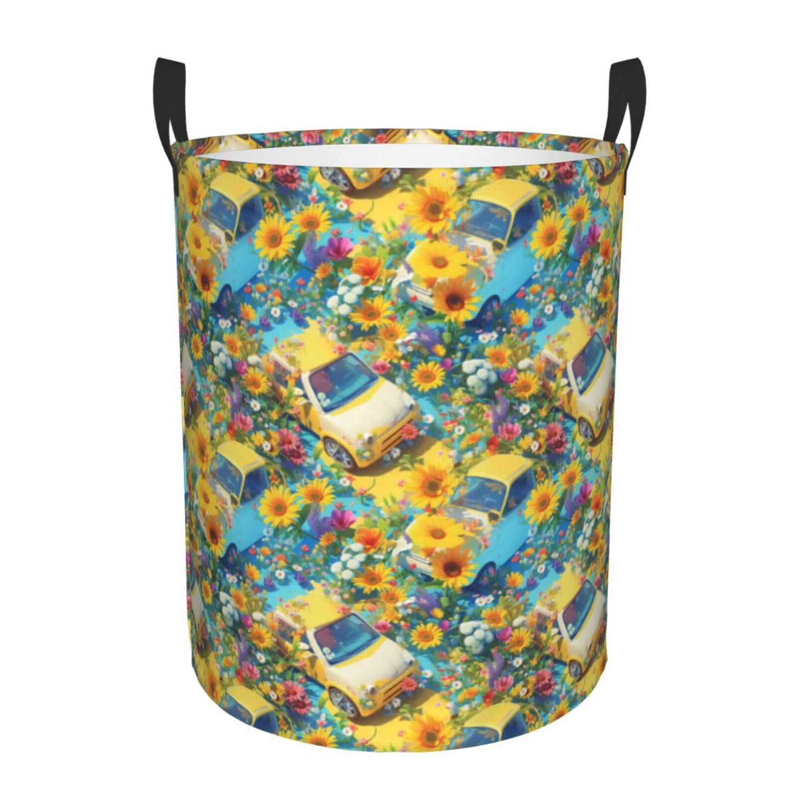 Large Laundry Basket with Handles - yellow car colorful sunflower Kids Baby Dirty Clothes Laundry Hamper for Bedroom Aesthetic