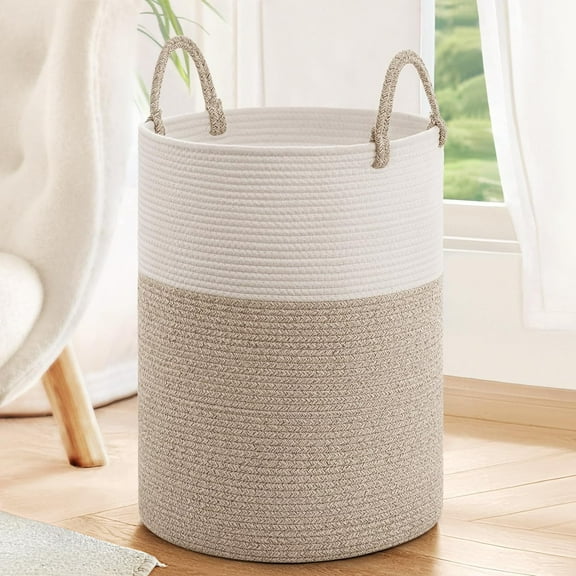 Large Laundry Hamper, 58L Tall Laundry Basket, Baby Nursery Hamper for Blanket Storage, Clothes Hamper for Laundry in Bedroom,15 x 20 inches, Light & Brown