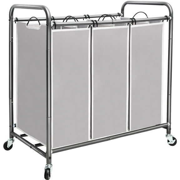 Large Laundry Hamper Cart, 3 Section Organizer with Removable Bags, 35.9 Gallon Capacity, Heavy Duty Rolling Wheels, Stable Frame, Home Use, Gray