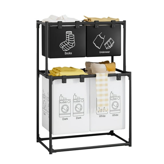 Large Laundry Hamper,Double Laundry Basket with Removable Liner Bags,Dirty Clothes Sorter Organizer Shelf for Bedroom,Bathroom,Laundry Room,Dorm,Black