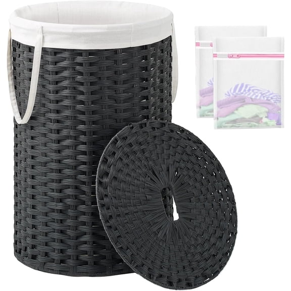 Large Laundry Hamper Laundry Basket Round 34.3 Gal (130 L) Handwoven Wicker Laundry Baskets Rattan Laundry Basket with Laundry Bag Handles 2 Mesh Bags for Living Room Bedroom Black