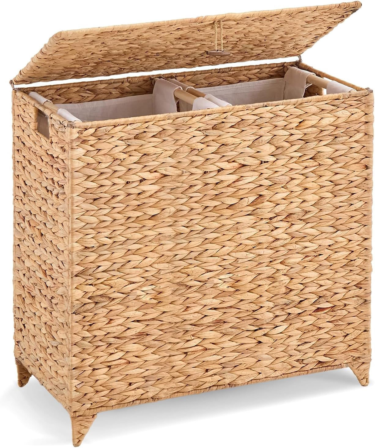 BirdRock Home Divided Laundry Hamper | Hand-Woven Water Hyacinth | Includes 2 Removable Cotton Liners | Eco-Friendly Wicker Basket With Lid