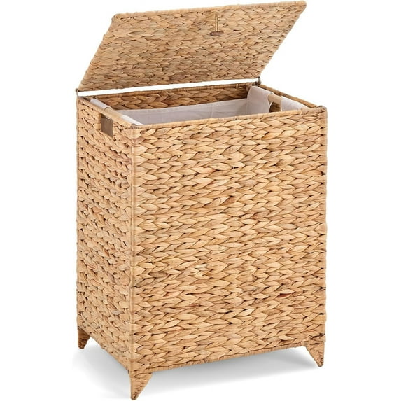 Large Laundry Hamper with Lid and Removable Liner Bag, Wicker Laundry Basket with Heightened Feet, Foldable Rattan Clothes Hamper, Handwoven Water Hyacinth Laundry Basket for Clothes and Towels